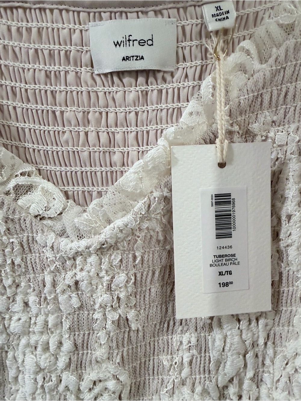 Aritzia Wilfred Turberose Smocked Lace-Trim Dress in Light Birch - Picture 4 of 4